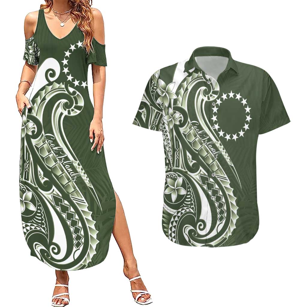 Kia Orana Cook Islands Couples Matching Summer Maxi Dress and Hawaiian Shirt Matie Plumeria Tropical Waves - Polynesian Pride