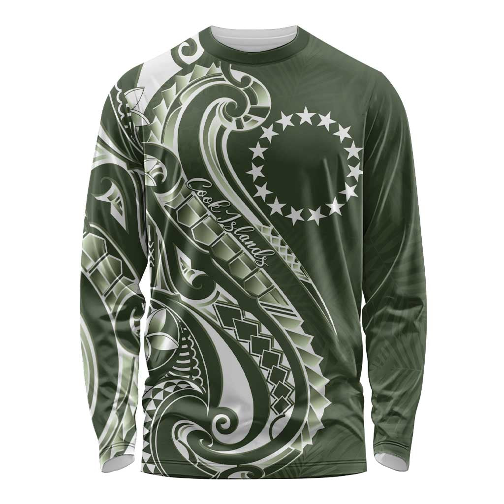 Kia Orana Cook Islands Long Sleeve Shirt Matie Plumeria Tropical Waves LT7 Unisex Sage Green - Polynesian Pride