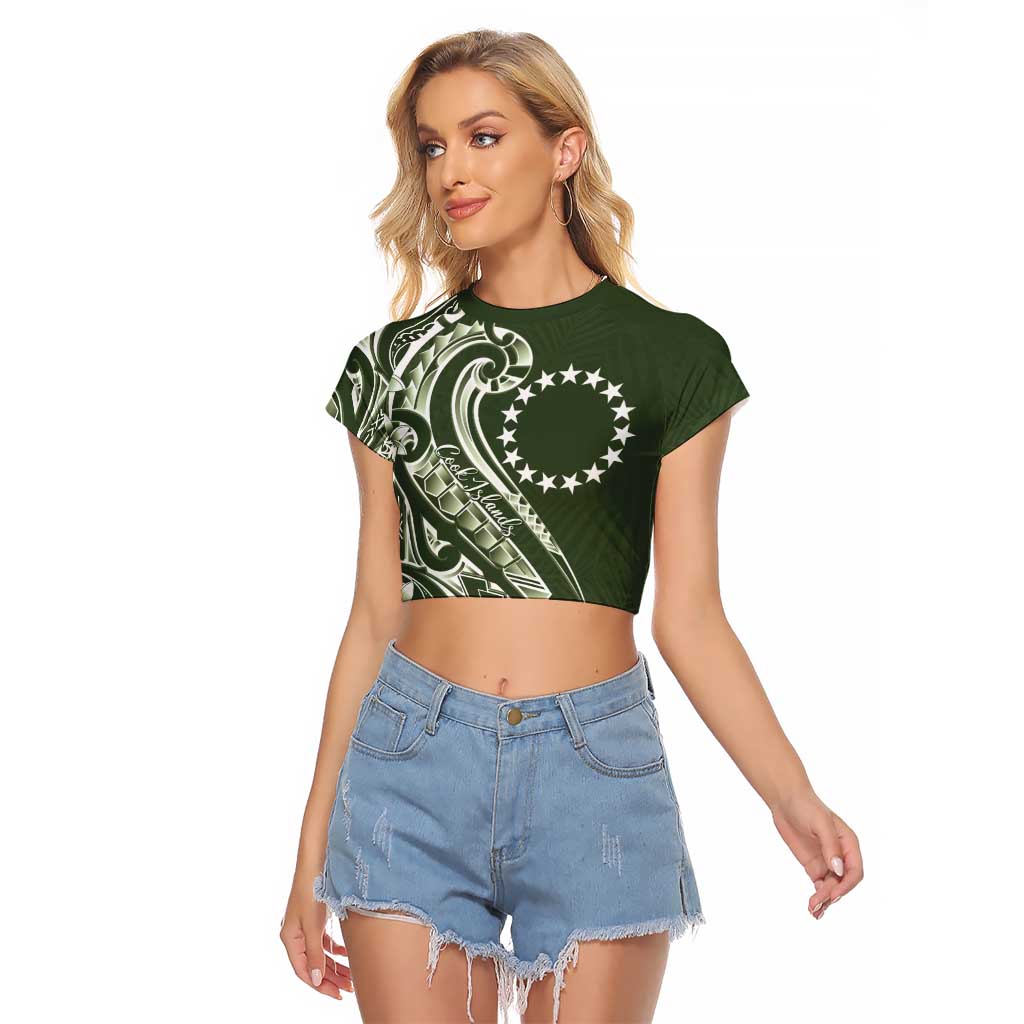 Kia Orana Cook Islands Raglan Cropped T Shirt Matie Plumeria Tropical Waves LT7 Female Sage Green - Polynesian Pride
