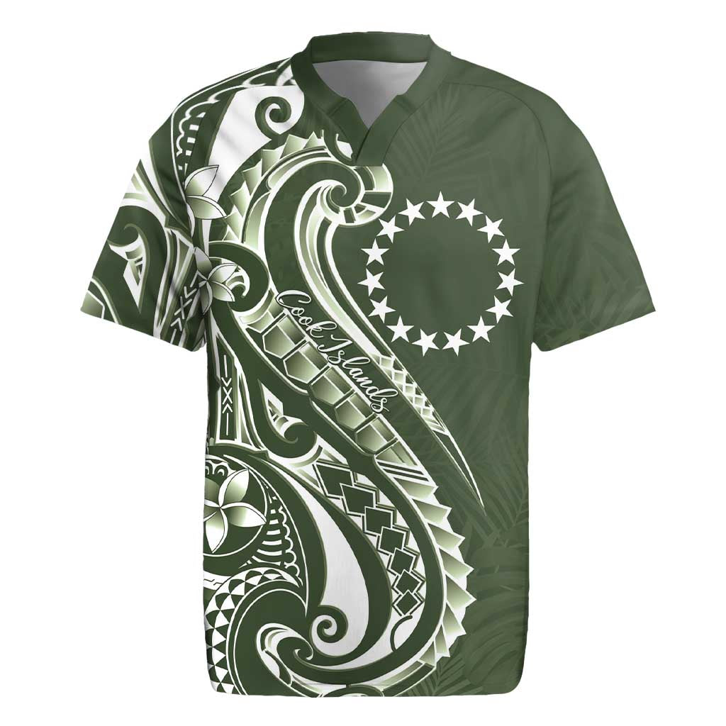 Kia Orana Cook Islands Rugby Jersey Matie Plumeria Tropical Waves LT7 Sage Green - Polynesian Pride