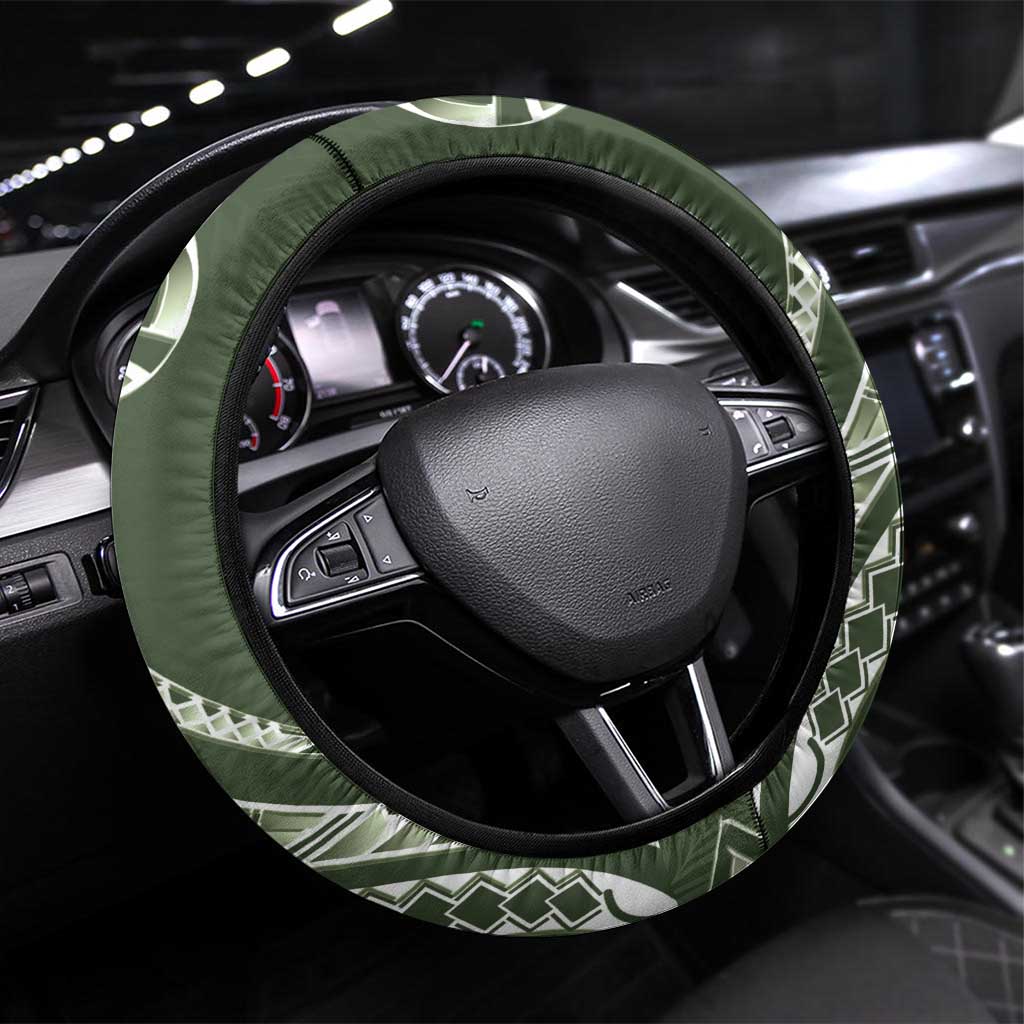 Kia Orana Cook Islands Steering Wheel Cover Matie Plumeria Tropical Waves LT7 Universal Fit Sage Green - Polynesian Pride