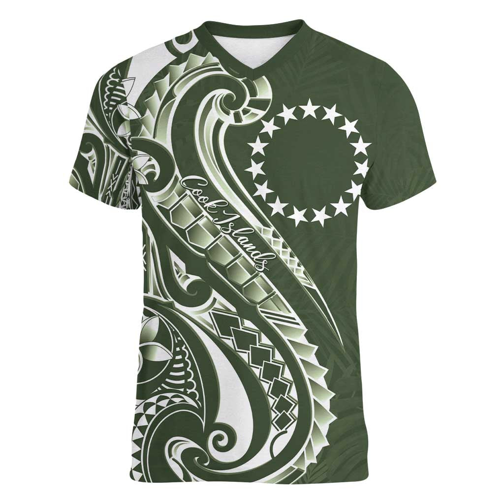Kia Orana Cook Islands Women V-Neck T-Shirt Matie Plumeria Tropical Waves LT7 Female Sage Green - Polynesian Pride