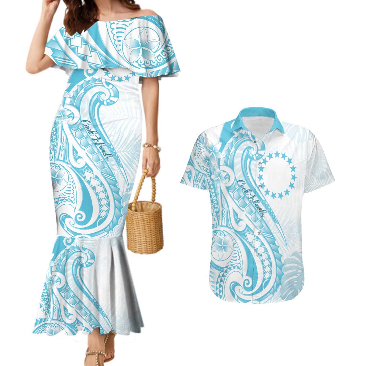 Kia Orana Cook Islands Couples Matching Mermaid Dress and Hawaiian Shirt Moana Plumeria Tropical Waves LT7 Turquoise - Polynesian Pride