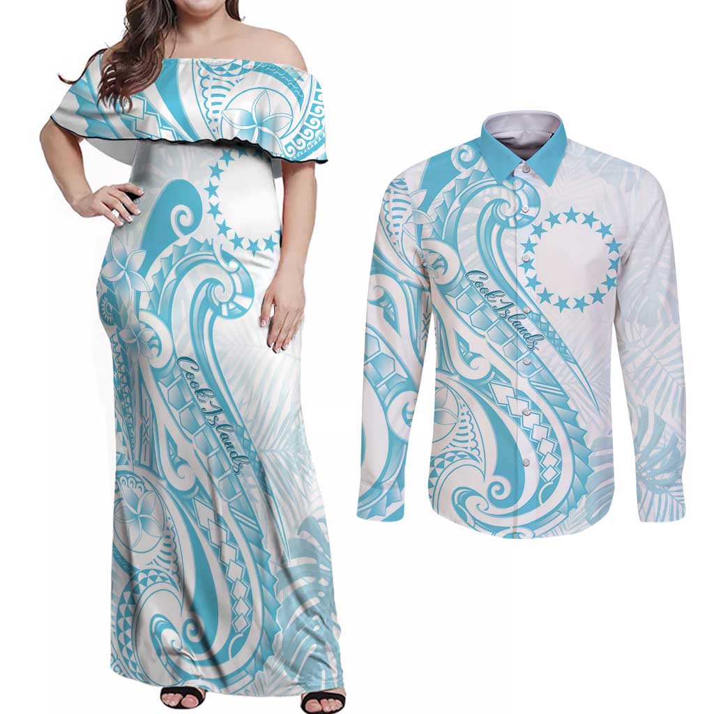 Kia Orana Cook Islands Couples Matching Off Shoulder Maxi Dress and Long Sleeve Button Shirt Moana Plumeria Tropical Waves LT7 Turquoise - Polynesian Pride