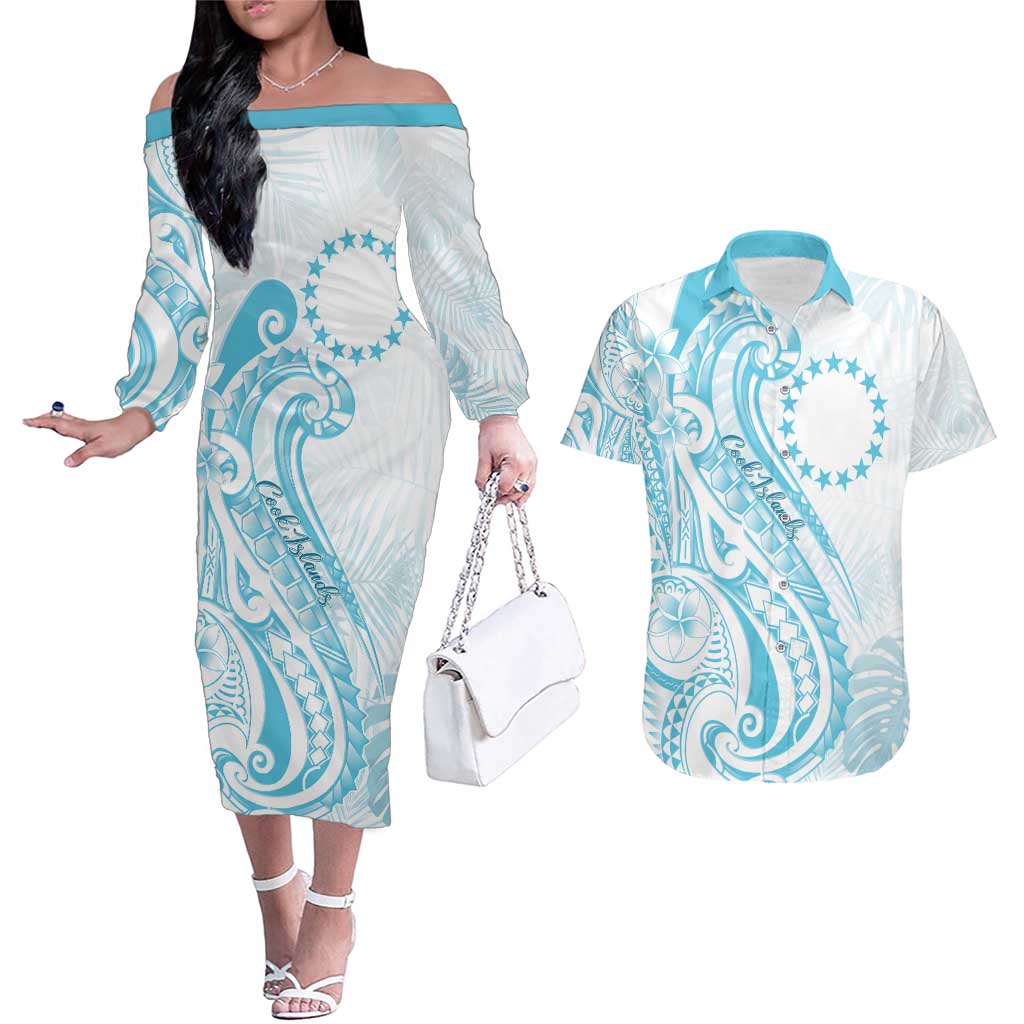 Kia Orana Cook Islands Couples Matching Off The Shoulder Long Sleeve Dress and Hawaiian Shirt Moana Plumeria Tropical Waves - Polynesian Pride