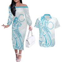Kia Orana Cook Islands Couples Matching Off The Shoulder Long Sleeve Dress and Hawaiian Shirt Moana Plumeria Tropical Waves - Polynesian Pride
