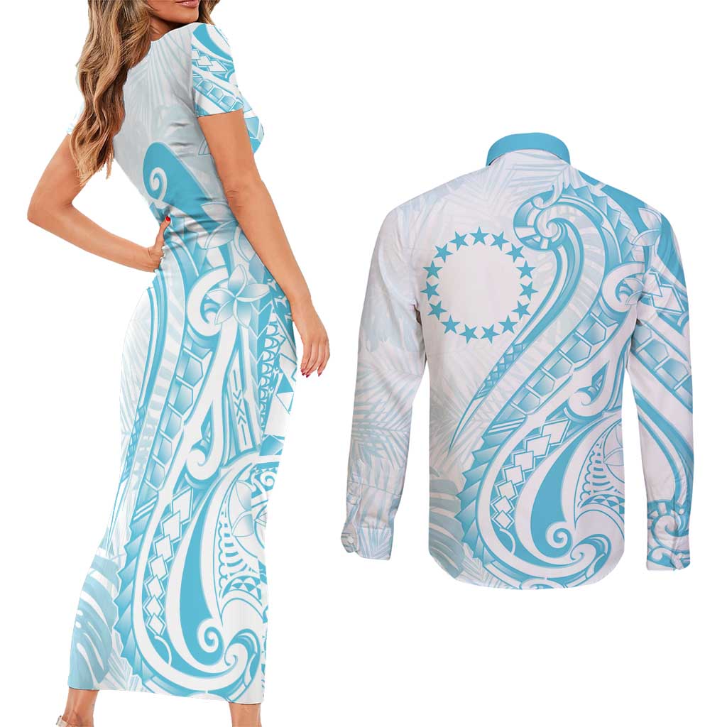Kia Orana Cook Islands Couples Matching Short Sleeve Bodycon Dress and Long Sleeve Button Shirt Moana Plumeria Tropical Waves - Polynesian Pride