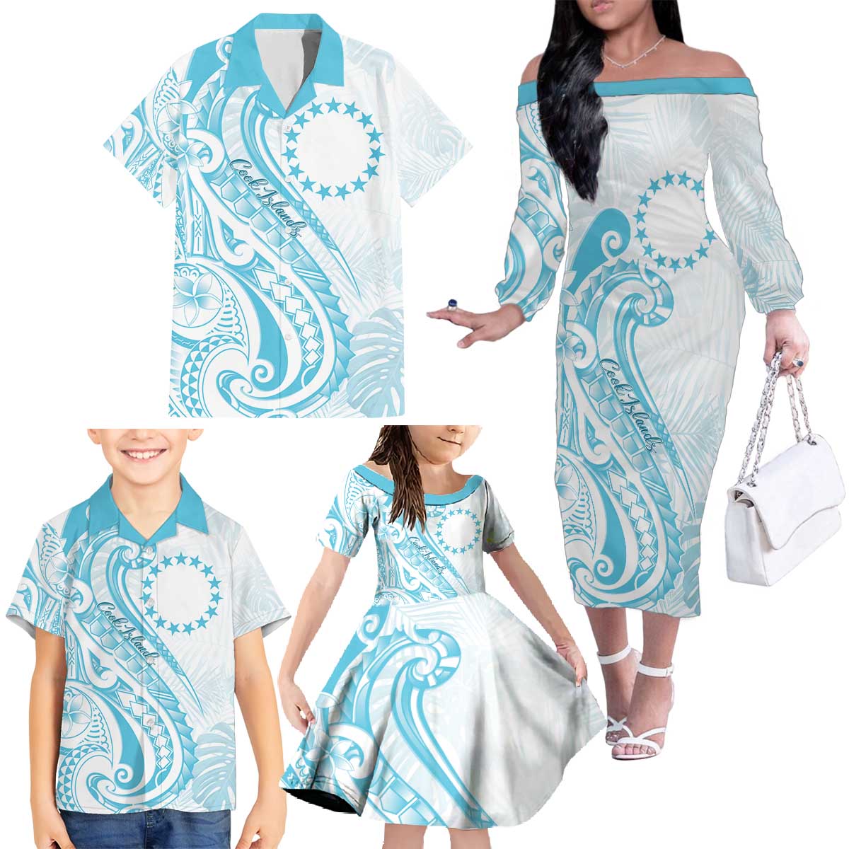 Kia Orana Cook Islands Family Matching Off The Shoulder Long Sleeve Dress and Hawaiian Shirt Moana Plumeria Tropical Waves LT7 - Polynesian Pride
