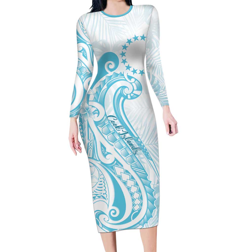 Kia Orana Cook Islands Long Sleeve Bodycon Dress Moana Plumeria Tropical Waves - Polynesian Pride