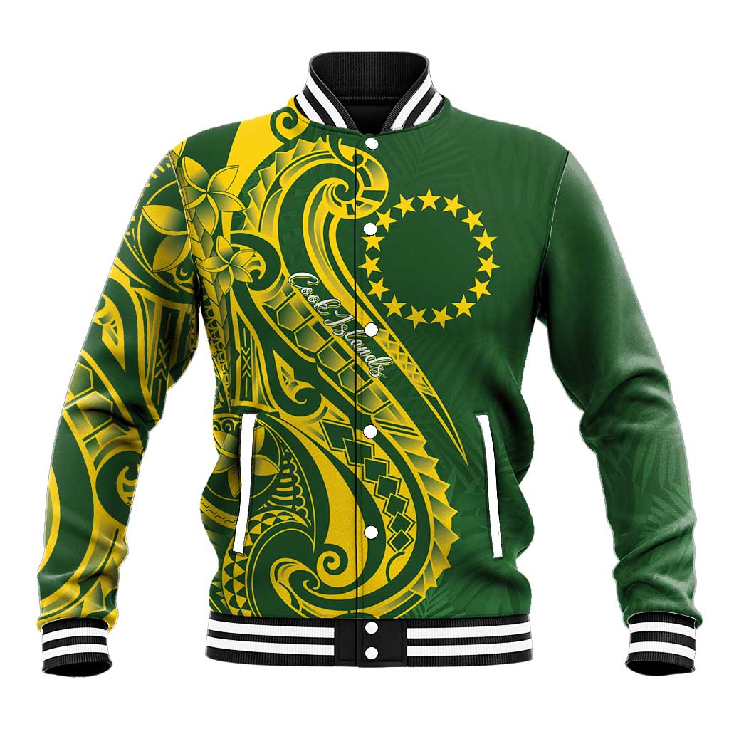 Kia Orana Cook Islands Baseball Jacket Plumeria Tropical Waves LT7 Unisex Yellow Green - Polynesian Pride