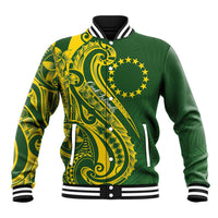 Kia Orana Cook Islands Baseball Jacket Plumeria Tropical Waves LT7 Unisex Yellow Green - Polynesian Pride