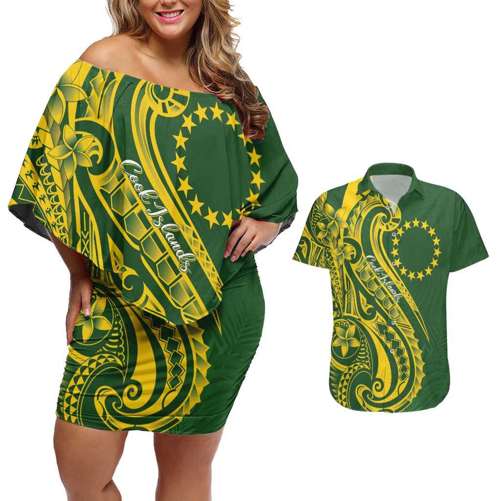 Kia Orana Cook Islands Couples Matching Off Shoulder Short Dress and Hawaiian Shirt Plumeria Tropical Waves - Polynesian Pride