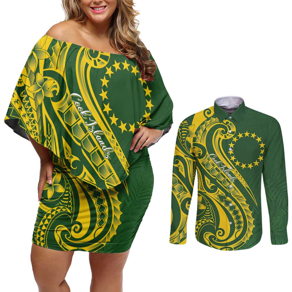 Kia Orana Cook Islands Couples Matching Off Shoulder Short Dress and Long Sleeve Button Shirt Plumeria Tropical Waves LT7 Yellow Green - Polynesian Pride