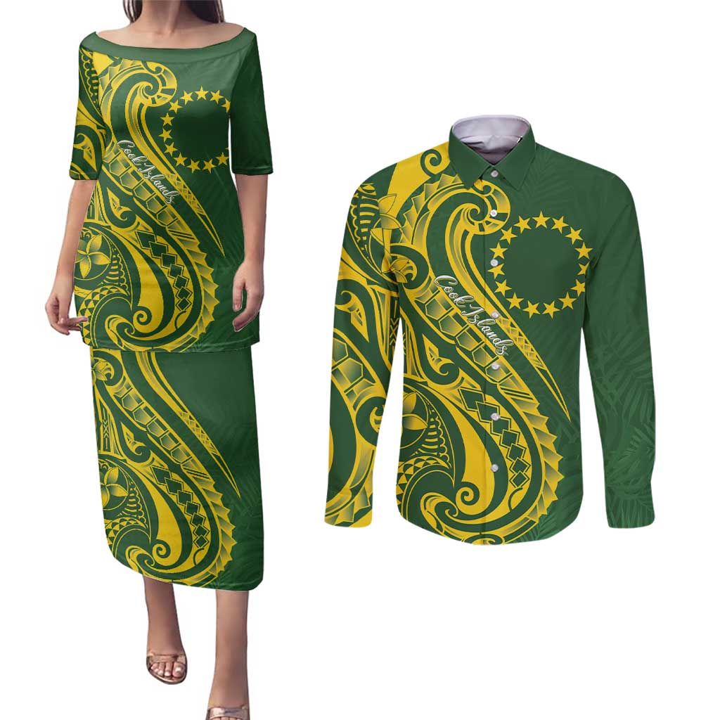 Kia Orana Cook Islands Couples Matching Puletasi and Long Sleeve Button Shirt Plumeria Tropical Waves LT7 Yellow Green - Polynesian Pride