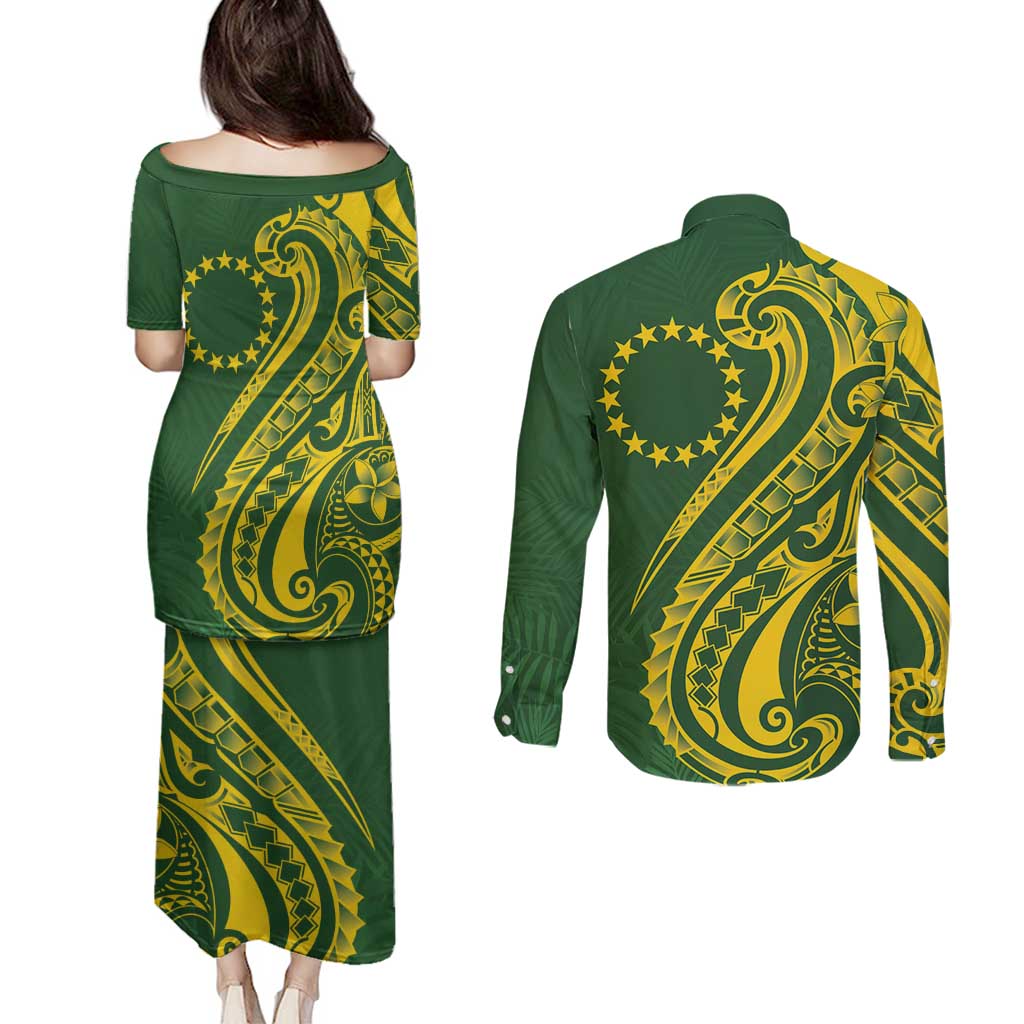 Kia Orana Cook Islands Couples Matching Puletasi and Long Sleeve Button Shirt Plumeria Tropical Waves LT7 - Polynesian Pride