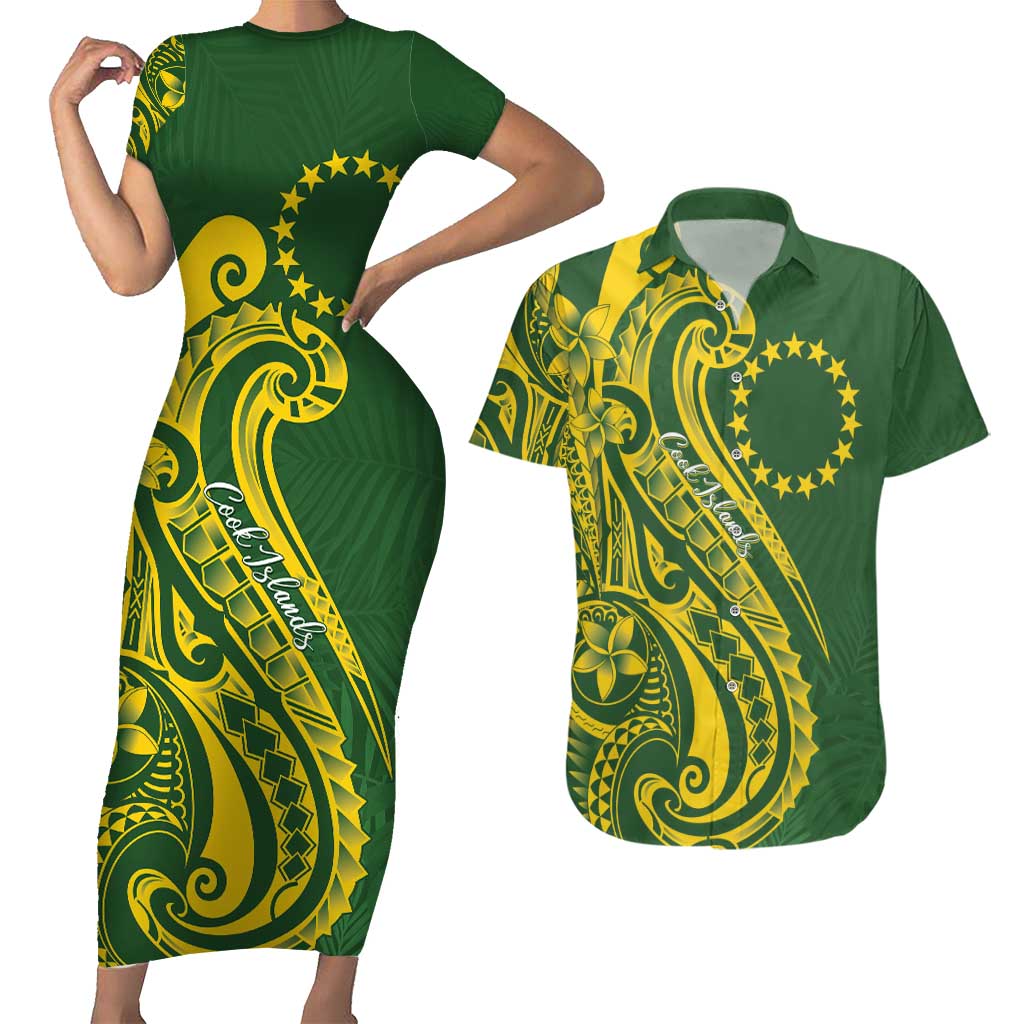 Kia Orana Cook Islands Couples Matching Short Sleeve Bodycon Dress and Hawaiian Shirt Plumeria Tropical Waves LT7 Yellow Green - Polynesian Pride