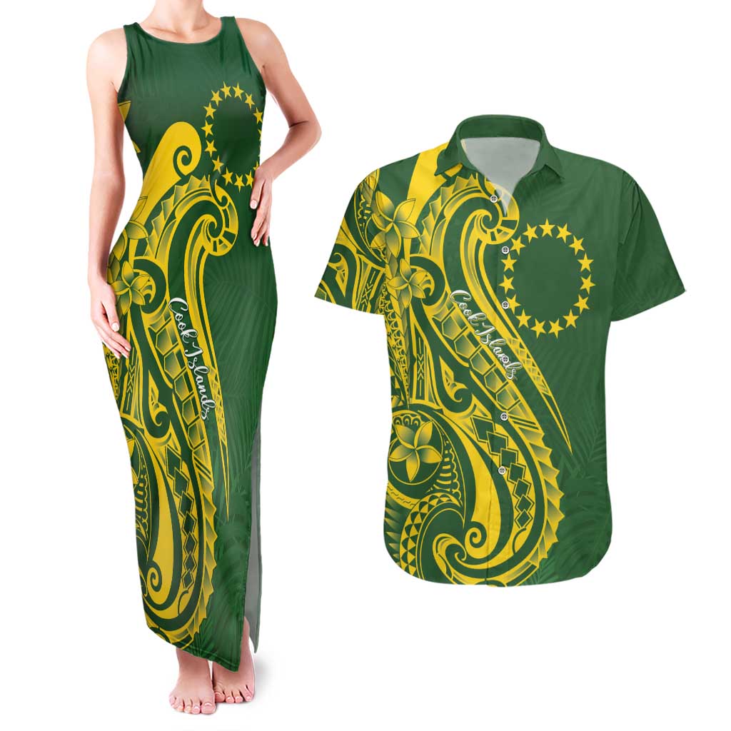 Kia Orana Cook Islands Couples Matching Tank Maxi Dress and Hawaiian Shirt Plumeria Tropical Waves LT7 Yellow Green - Polynesian Pride