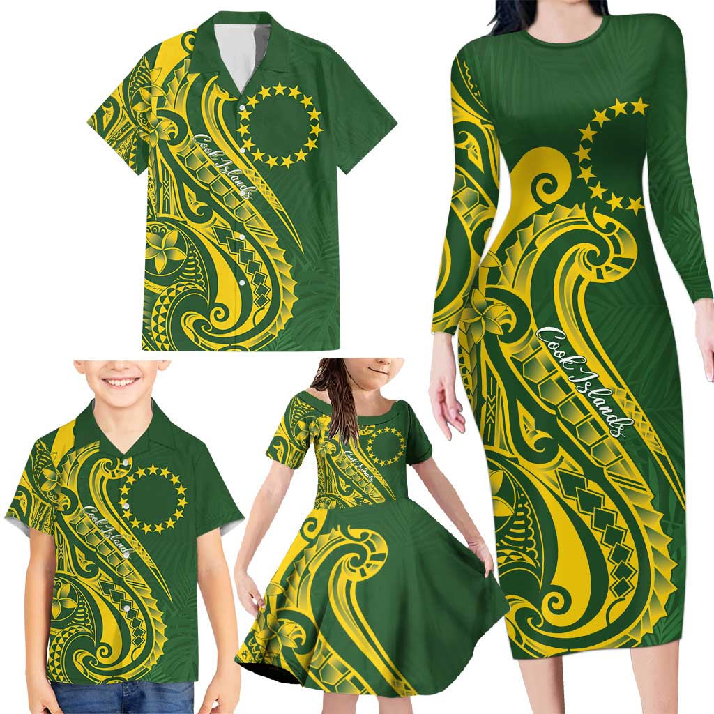 Kia Orana Cook Islands Family Matching Long Sleeve Bodycon Dress and Hawaiian Shirt Plumeria Tropical Waves LT7 - Polynesian Pride