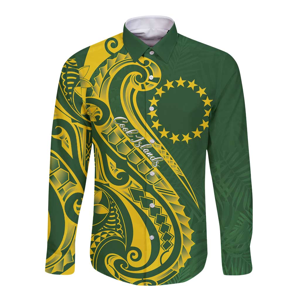 Kia Orana Cook Islands Long Sleeve Button Shirt Plumeria Tropical Waves LT7 Unisex Yellow Green - Polynesian Pride