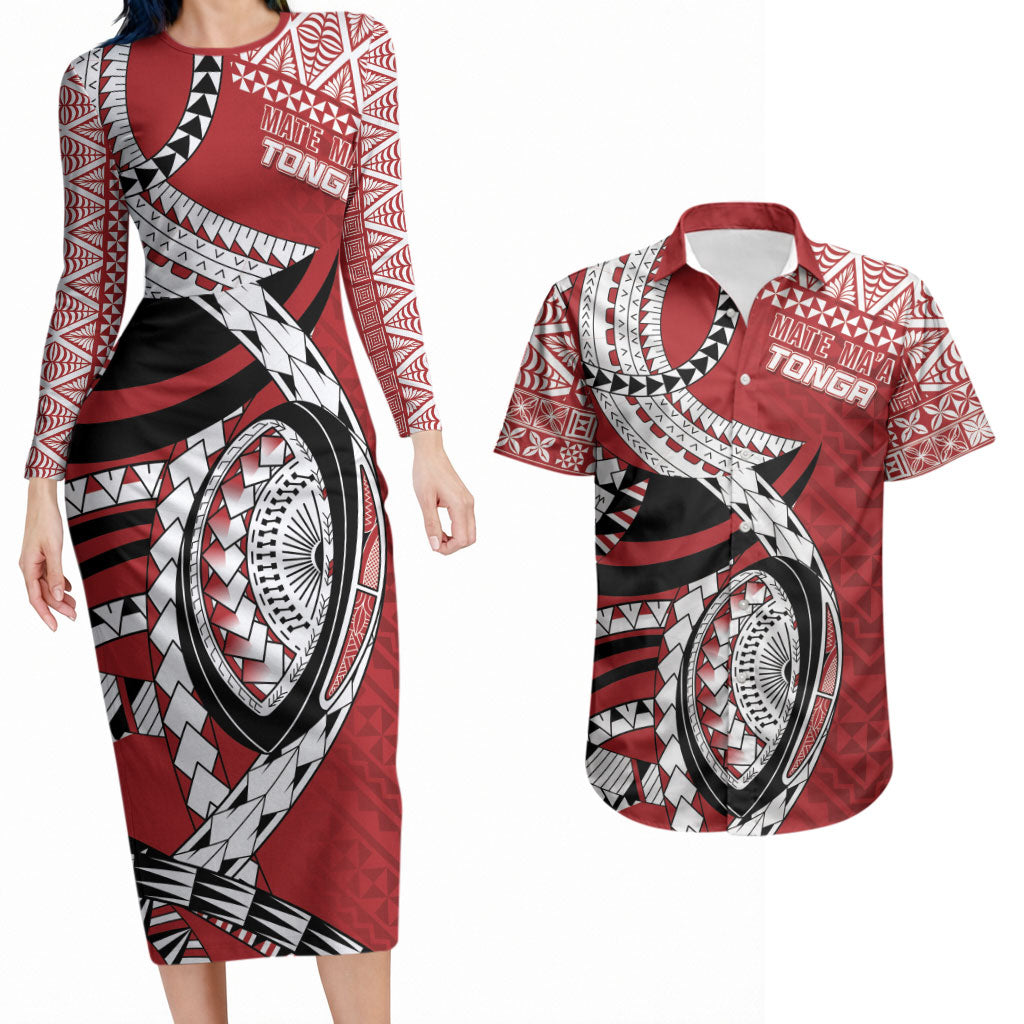 Mate Ma'a Tonga Rugby Custom Kupesi Motifs Couples Matching Long Sleeve Bodycon Dress and Hawaiian Shirt Red Waves LT7 Red - Polynesian Pride