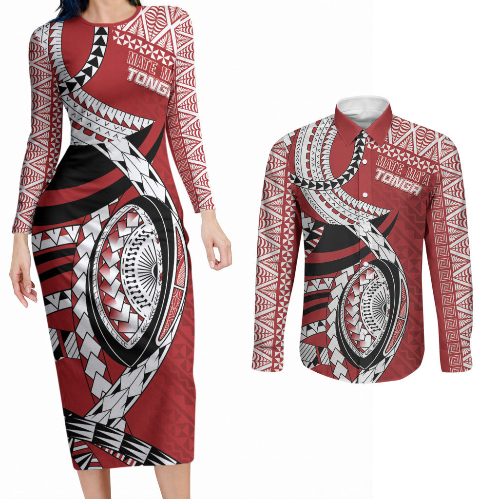 Mate Ma'a Tonga Rugby Custom Kupesi Motifs Couples Matching Long Sleeve Bodycon Dress and Long Sleeve Button Shirt Red Waves LT7 Red - Polynesian Pride