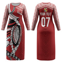 Mate Ma'a Tonga Rugby Custom Kupesi Motifs Couples Matching Long Sleeve Bodycon Dress and Long Sleeve Button Shirt Red Waves LT7 - Polynesian Pride