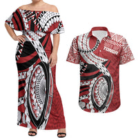 Mate Ma'a Tonga Rugby Custom Kupesi Motifs Couples Matching Off Shoulder Maxi Dress and Hawaiian Shirt Red Waves LT7 Red - Polynesian Pride