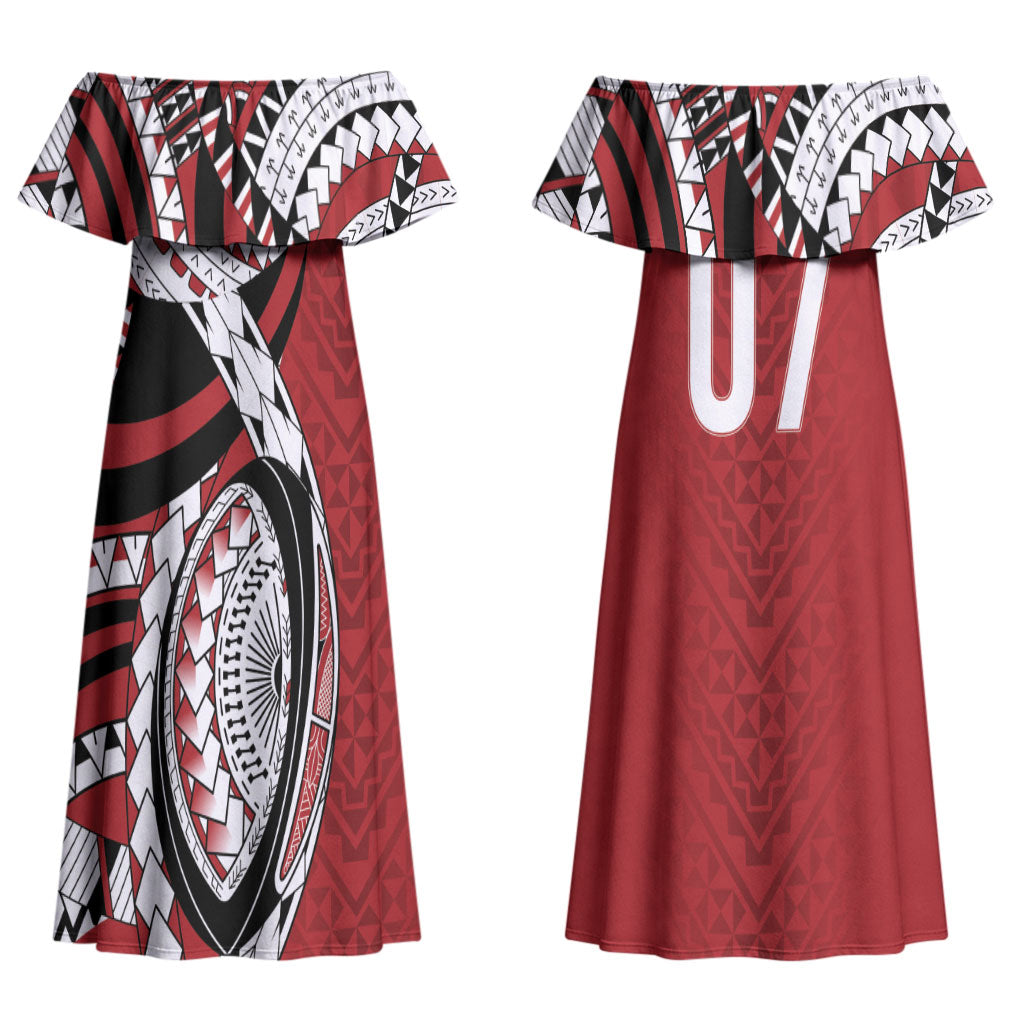 Mate Ma'a Tonga Rugby Custom Kupesi Motifs Couples Matching Off Shoulder Maxi Dress and Hawaiian Shirt Red Waves LT7 - Polynesian Pride