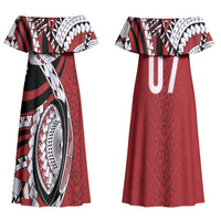 Mate Ma'a Tonga Rugby Custom Kupesi Motifs Couples Matching Off Shoulder Maxi Dress and Hawaiian Shirt Red Waves LT7 - Polynesian Pride