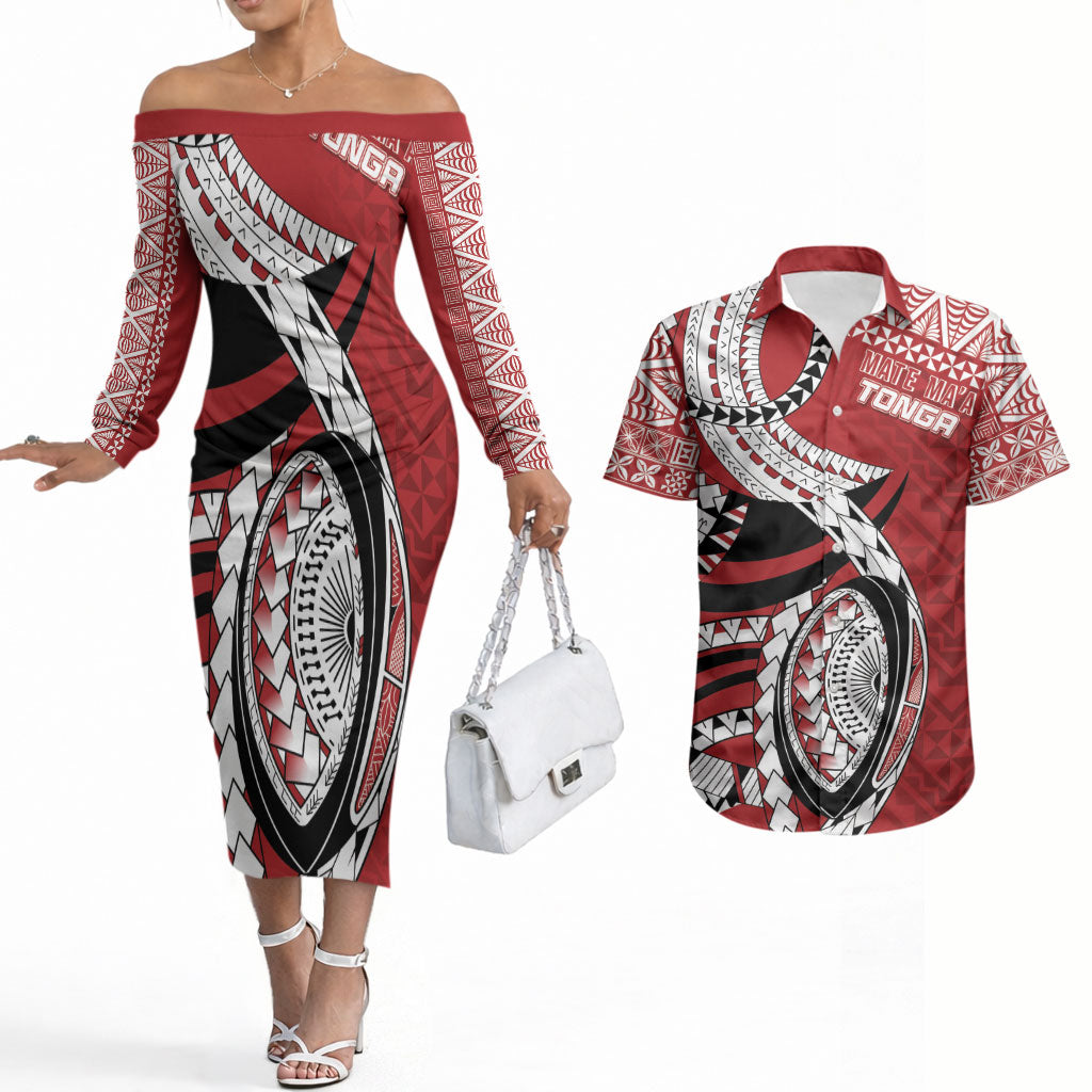 Mate Ma'a Tonga Rugby Custom Kupesi Motifs Couples Matching Off The Shoulder Long Sleeve Dress and Hawaiian Shirt Red Waves LT7 Red - Polynesian Pride
