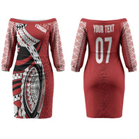 Mate Ma'a Tonga Rugby Custom Kupesi Motifs Couples Matching Off The Shoulder Long Sleeve Dress and Long Sleeve Button Shirt Red Waves LT7 - Polynesian Pride