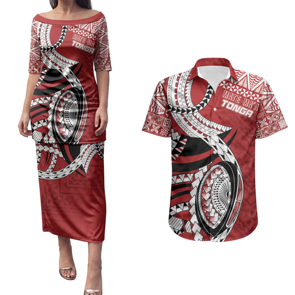 Mate Ma'a Tonga Rugby Custom Kupesi Motifs Couples Matching Puletasi and Hawaiian Shirt Red Waves LT7 Red - Polynesian Pride