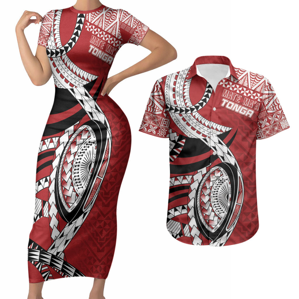 Mate Ma'a Tonga Rugby Custom Kupesi Motifs Couples Matching Short Sleeve Bodycon Dress and Hawaiian Shirt Red Waves LT7 Red - Polynesian Pride