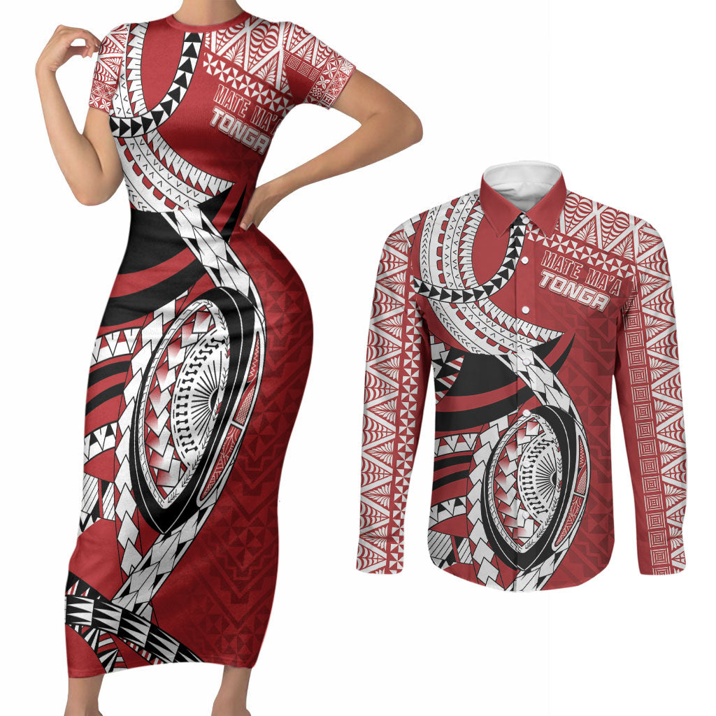 Mate Ma'a Tonga Rugby Custom Kupesi Motifs Couples Matching Short Sleeve Bodycon Dress and Long Sleeve Button Shirt Red Waves LT7 Red - Polynesian Pride