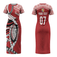 Mate Ma'a Tonga Rugby Custom Kupesi Motifs Couples Matching Short Sleeve Bodycon Dress and Long Sleeve Button Shirt Red Waves LT7 - Polynesian Pride