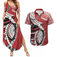 Mate Ma'a Tonga Rugby Custom Kupesi Motifs Couples Matching Summer Maxi Dress and Hawaiian Shirt Red Waves LT7 Red - Polynesian Pride
