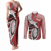 Mate Ma'a Tonga Rugby Custom Kupesi Motifs Couples Matching Tank Maxi Dress and Long Sleeve Button Shirt Red Waves LT7 Red - Polynesian Pride