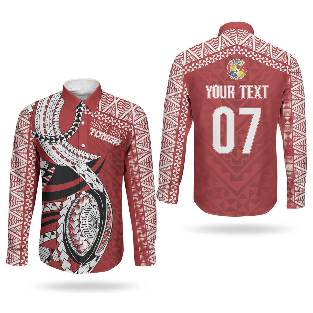 Mate Ma'a Tonga Rugby Custom Kupesi Motifs Couples Matching Tank Maxi Dress and Long Sleeve Button Shirt Red Waves LT7 - Polynesian Pride