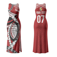 Mate Ma'a Tonga Rugby Custom Kupesi Motifs Couples Matching Tank Maxi Dress and Long Sleeve Button Shirt Red Waves LT7 - Polynesian Pride