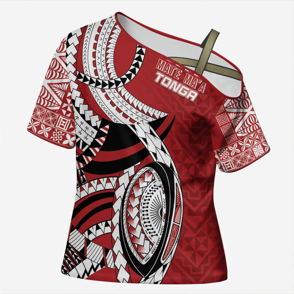 Mate Ma'a Tonga Rugby Custom Kupesi Motifs Cross Shoulder Shirt Red Waves LT7 Female Red - Polynesian Pride