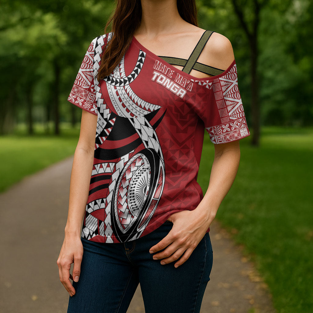 Mate Ma'a Tonga Rugby Custom Kupesi Motifs Cross Shoulder Shirt Red Waves LT7 - Polynesian Pride