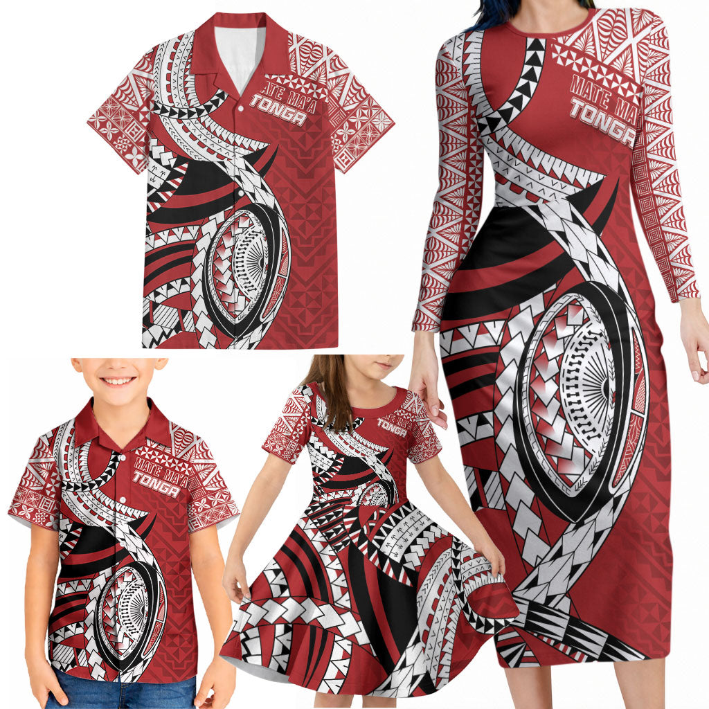 Mate Ma'a Tonga Rugby Custom Kupesi Motifs Family Matching Long Sleeve Bodycon Dress and Hawaiian Shirt Red Waves LT7 - Polynesian Pride
