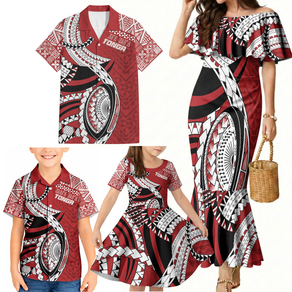 Mate Ma'a Tonga Rugby Custom Kupesi Motifs Family Matching Mermaid Dress and Hawaiian Shirt Red Waves LT7 - Polynesian Pride