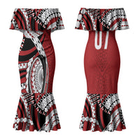 Mate Ma'a Tonga Rugby Custom Kupesi Motifs Family Matching Mermaid Dress and Hawaiian Shirt Red Waves LT7 Mom's Dress Red - Polynesian Pride
