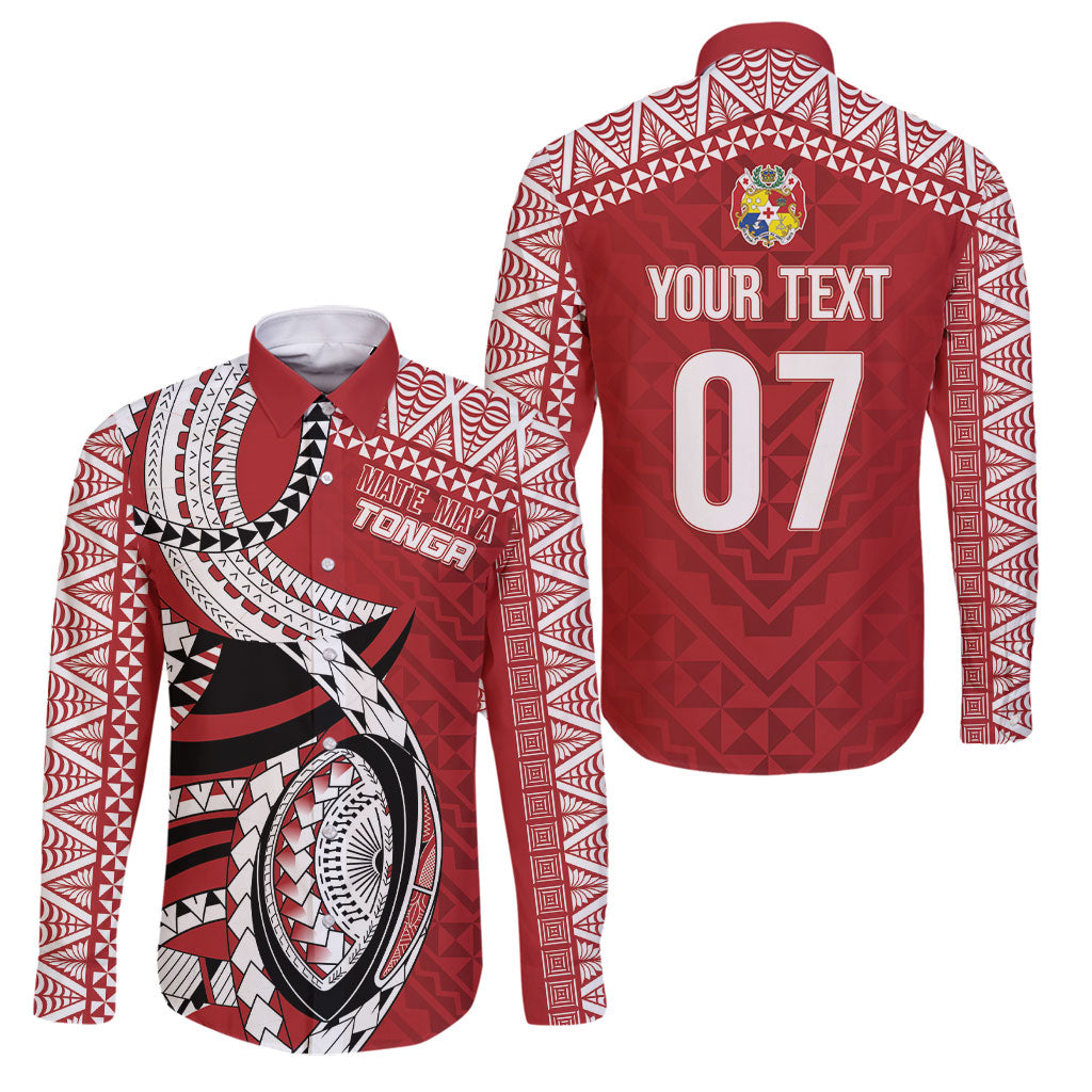 Mate Ma'a Tonga Rugby Custom Kupesi Motifs Family Matching Mermaid Dress and Hawaiian Shirt Red Waves LT7 Dad's Shirt - Long Sleeve Red - Polynesian Pride