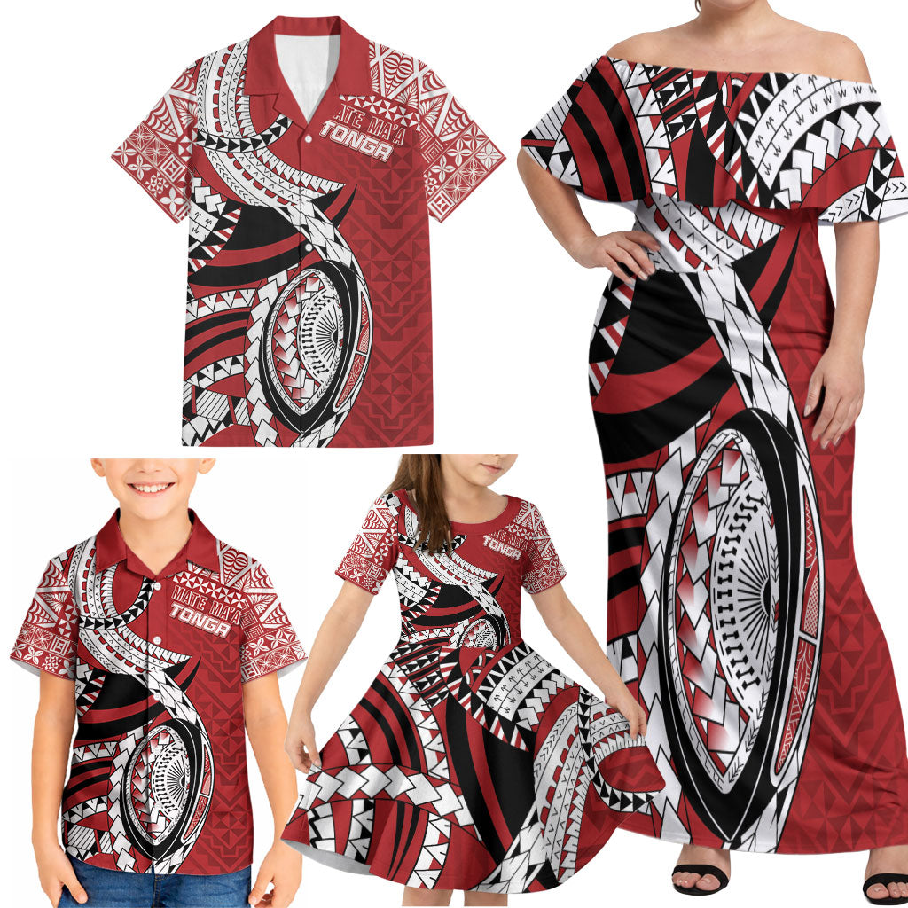 Mate Ma'a Tonga Rugby Custom Kupesi Motifs Family Matching Off Shoulder Maxi Dress and Hawaiian Shirt Red Waves LT7 - Polynesian Pride