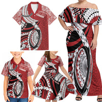 Mate Ma'a Tonga Rugby Custom Kupesi Motifs Family Matching Off Shoulder Maxi Dress and Hawaiian Shirt Red Waves LT7 - Polynesian Pride