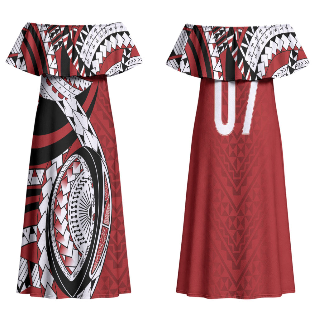 Mate Ma'a Tonga Rugby Custom Kupesi Motifs Family Matching Off Shoulder Maxi Dress and Hawaiian Shirt Red Waves LT7 Mom's Dress Red - Polynesian Pride
