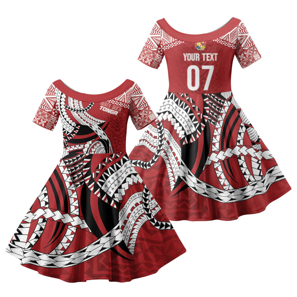 Mate Ma'a Tonga Rugby Custom Kupesi Motifs Family Matching Off Shoulder Maxi Dress and Hawaiian Shirt Red Waves LT7 Daughter's Dress Red - Polynesian Pride