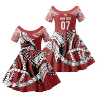 Mate Ma'a Tonga Rugby Custom Kupesi Motifs Family Matching Off Shoulder Maxi Dress and Hawaiian Shirt Red Waves LT7 Daughter's Dress Red - Polynesian Pride